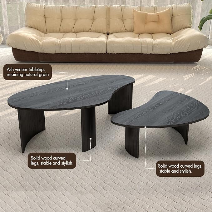 Black Nesting Coffee Table Set of 2 – Cloud/Mango Shaped Wood Grain Veneer Top with Fluted Solid Wood Legs, Space-Saving End Tables for Living Room
