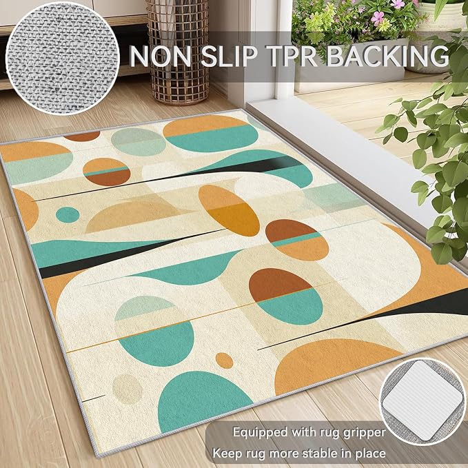 Retro Mid Century Rug 8x12, Washable Modern Geometric Rugs for Living Room Bedroom, Abstract Mid-Century Area Rug for Home Decor, Non Slip Backing Floor Carpet - 8 x 12 ft