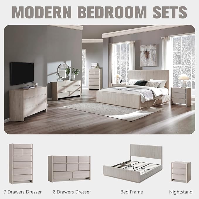 25" Tall Modern Nightstand Set of 2, 23.6" W Nightstand with Charging Station & 3 Storage Drawers & Open Shelf, Wood Night Stand w/Rounded Corner Design for Bedroom, Living Room (Cream)