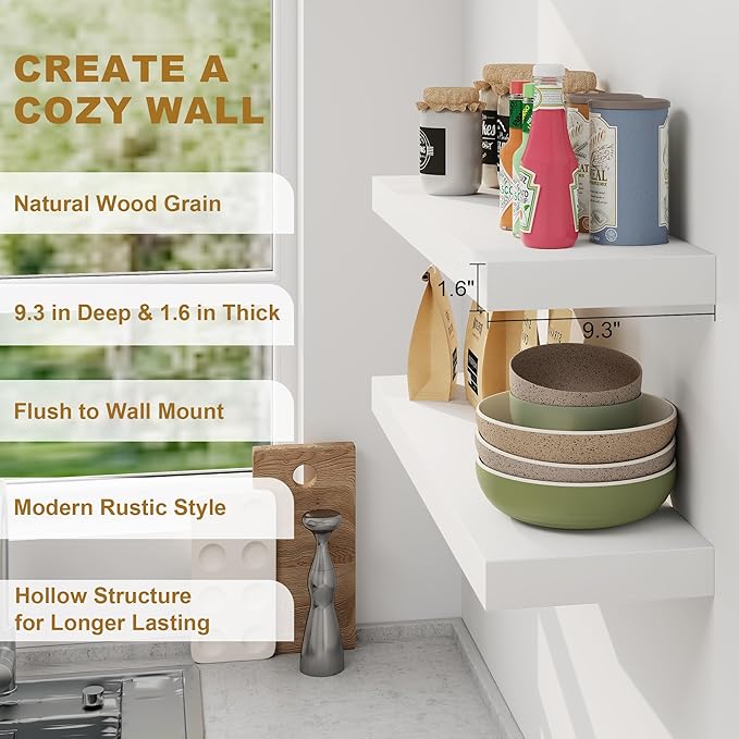 Fun Memories Floating Shelves, 9.3 Inch Deep Solid Pine Wood Wall Shelves for Storage, Rustic Wall Mounted Display Shelf with Invisible Heavy-Duty Metal Bracket, 48 Inch Width, White