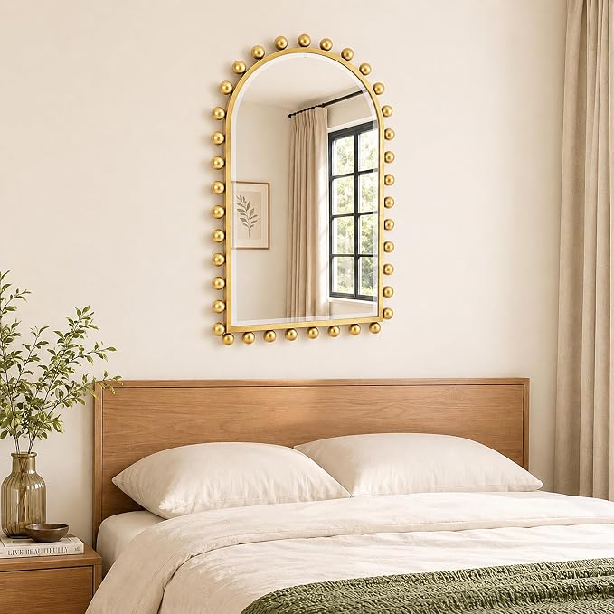 24x36 Inch Arched Wall Mirror with Antique Gold Ball Frame, Beveled Arched Decorative Wall Mirror, Vintage Gold Accent Mirror for Living Room, Entryway, Bedroom, Hallway & Over Console Decor