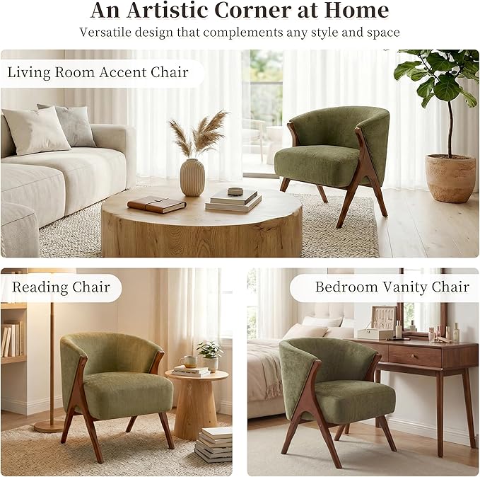 Merax Mid-Century Modern Accent Chair with Solid Wood A-Frame & Wrap-Around Backrest, High-Density Foam Cushion & Rounded Edges for Living Room, Reading Nook, Lounge Area (Green+Walnut)