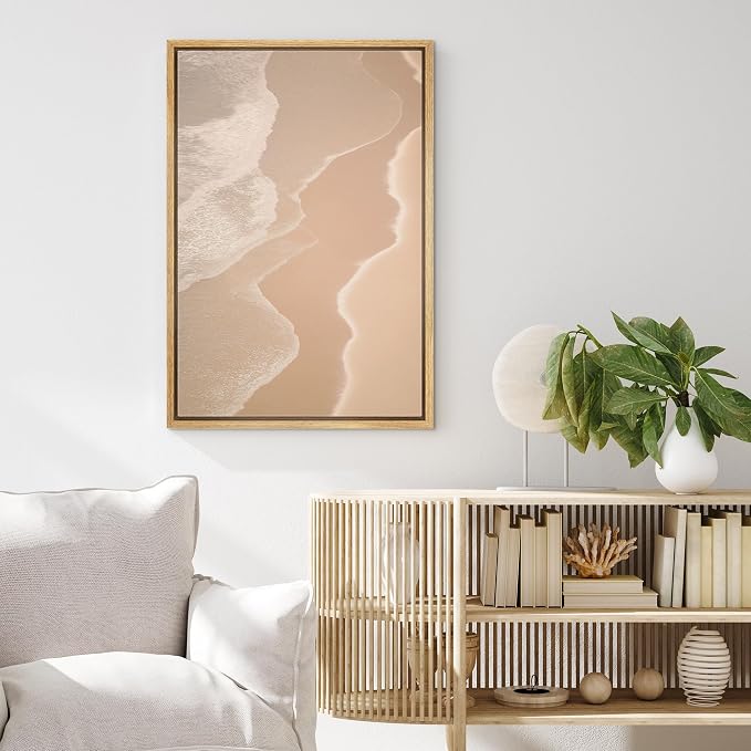 MUDECOR Framed Canvas Print Wall Art Soft Beige Aerial Beach Waves Minimalist Coastal Illustrations Minimalism Decorative Bohemian Colorful Zen for Living Room, Bedroom, Office - 24"x36" NATURAL