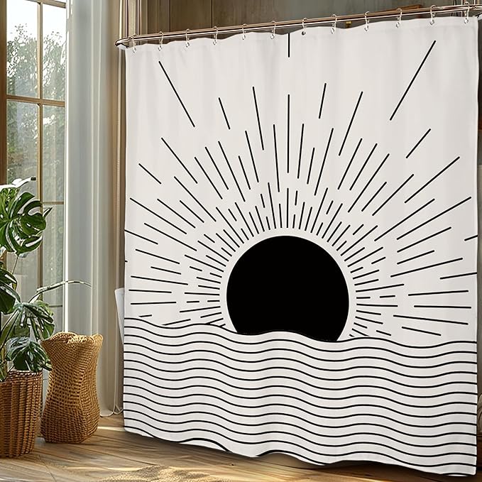 Miyotaa Black Sun Minimalist Shower Curtain Set 60Wx71H Inches Sunrise Sunset Mid Century Vintage Aesthetic Retro Modern Polyester Waterproof Cloth Bathroom Curtain with 12 Hooks