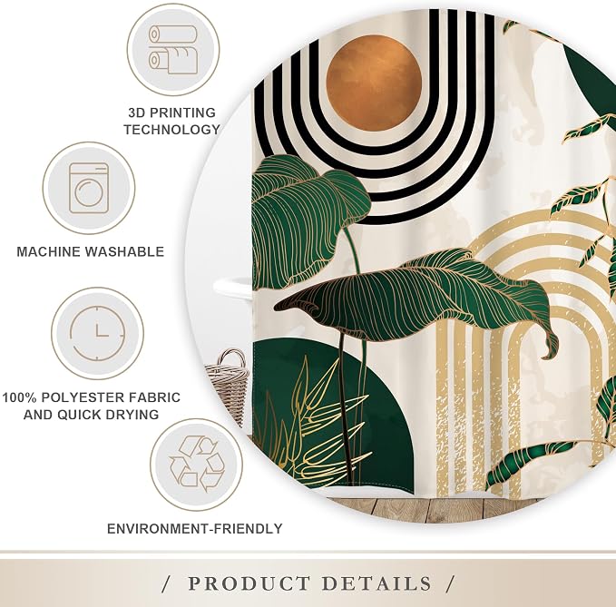 Glawry Abstract Mid Century Shower Curtain Green Retro Boho Tropical Palm Tree Sun Arch Bathroom Modern Minimalist Aesthetic 72Wx78L Inches Bath Accessories Art Home Decor Fabric 12 Pack Hooks