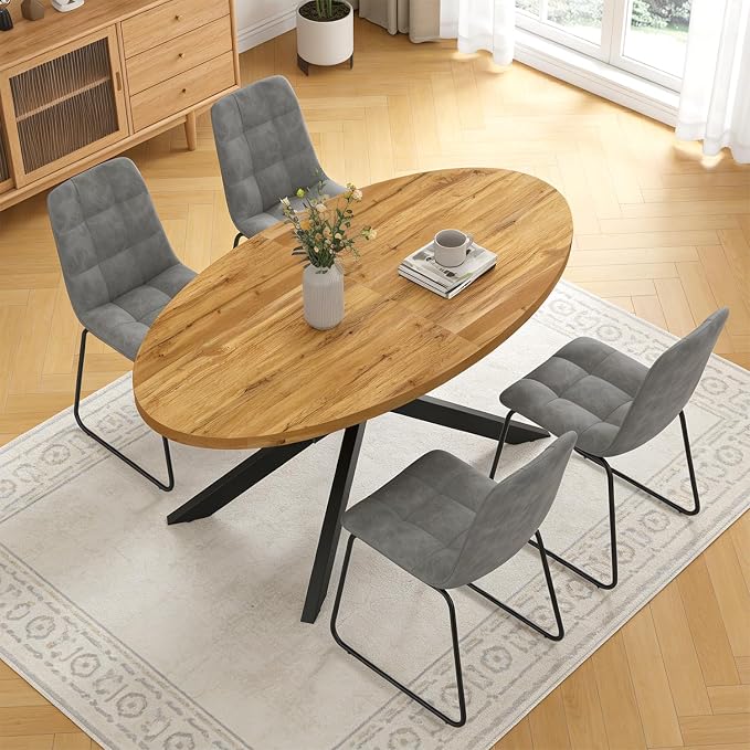 63"-78.7" Extendable Round Dining Table Set for 4, 5 Piece Mid Century Modern Oval Kitchen Table Set, Large Dining Table with 4 Dining Chairs for Living Room Space Saving（Walnut Table+4 Grey Chairs)