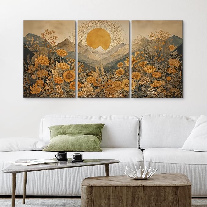 wall26 Canvas Print Wall Art Set Boho Sunflower Mountain Vintage Yellow Floral and LandscapeDecorative Minimal Relax/Zen for Living Room, Bedroom, Office - 24"x36" x 3