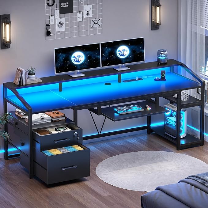 SEDETA 63" Computer Desk, Office Desk with Lockable Drawers for Legal/Letter File, Gaming Desk with LED Lights & Power Outlet, Home Office Desks with Storage, Black