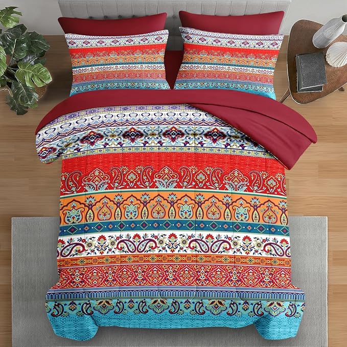 Nesker Comforter Set King Size, Ethnic Geometric Flower 7 Pcs Bedding for Kids and Adults, Vintage Paisley Leaf Floral Bed Sheet Sets with Fitted Sheet 2 Pillowcases & 2 Shams