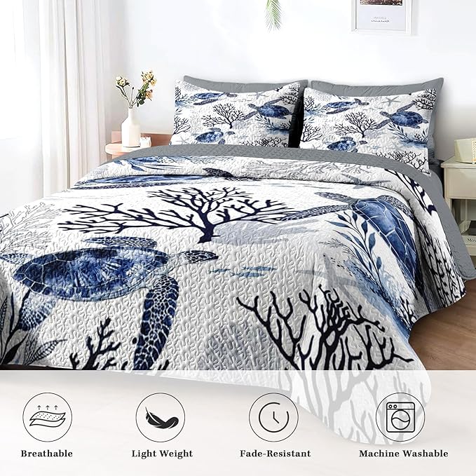 Pamnest Quilt Set Twin Size, Ocean Sea Coral 2 Pcs Soft Bed Cover Bedding Set for Kids and Adults, Blue Animal Turtle Lightweight Bedspread Coverlet with Pillow Sham for All Season