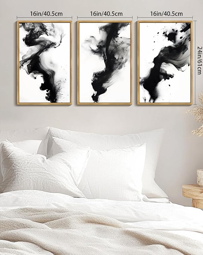 KUVIOKE Black White Abstract Framed Canvas Wall Art Ink Wash Pastel Wall Decor Modern Rendering Illustration Art Painting for Bedroom Dining Room 16x24in (Natural Framed)