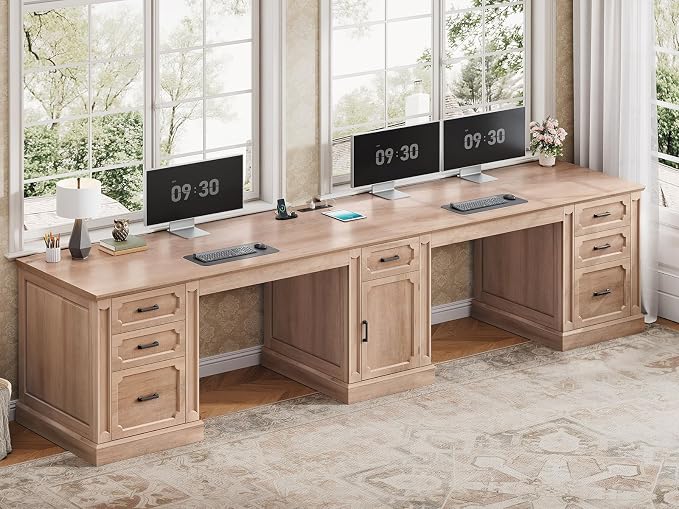 SEDETA Farmhouse 110.3" Two Person Desk with 7 Drawers, Long Computer Desk with Storage Cabinet, 2 Person Desk with Power Outlets for Home Office, Oak