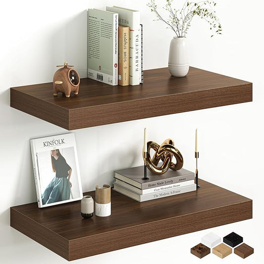Fun Memories 12 Inch Deep Walnut Floating Shelf, 24 x 12 Rustic Wood Wall Shelf for Books, 2" Thick Deep Floating Shelf for Storage & Display in Kitchen, Living Room, Bedroom, 2 Packs