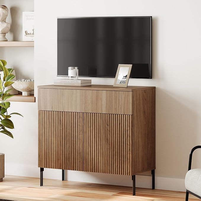 WAMPAT 31.5" Buffet Sideboard Cabinet with Storage, Wood Credenza Console Table with 1 Drawer & 2 Doors, Coffee Bar Cabinet, Wine Bar Storage for Dining Room, Living Room, Light Walnut