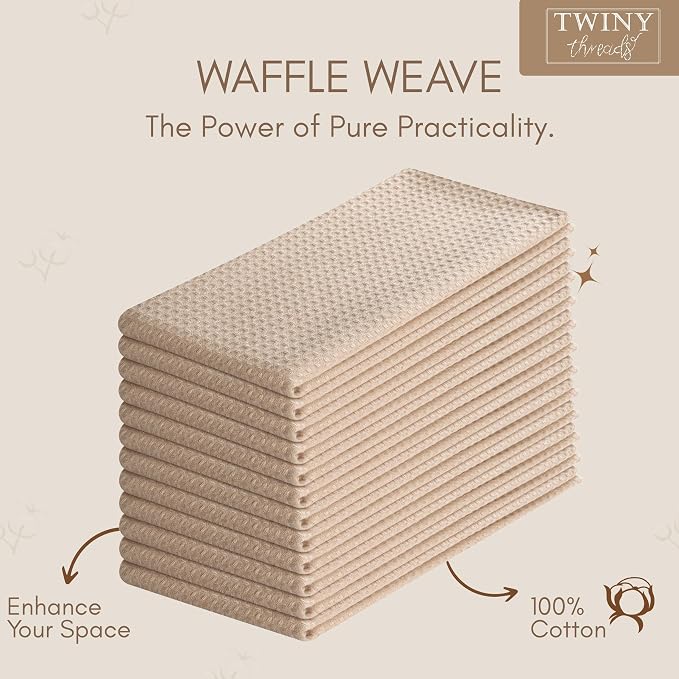 TWINY threads Kitchen Towels Set of 12, 16x26 Inches, 100% Cotton Waffle Weave Dish Towels, Soft, Absorbent Tea Towels with Hanging Loop, Washable Reusable Cloths for Cleaning, Beige