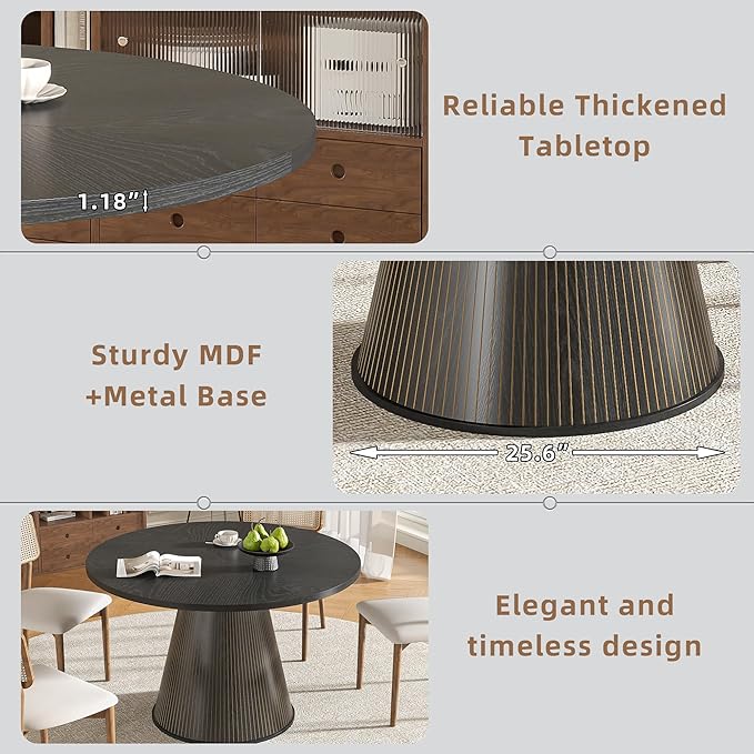 Round Dining Table for 4, Farmhouse Fluted Dining Kitchen Table, 47 Inch Modern Wood Small Circle Dining Table for Kitchen Living Room (Black, 47inch)
