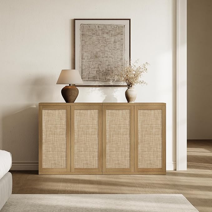 SICOTAS Rattan Sideboard Buffet Console Cabinet - 2 Pieces Boho Coffee Bar Cabinet with Storage & Adjustable Shelves, Farmhouse Credenza Stand for Living Room, Hallway, Kitchen, Oak