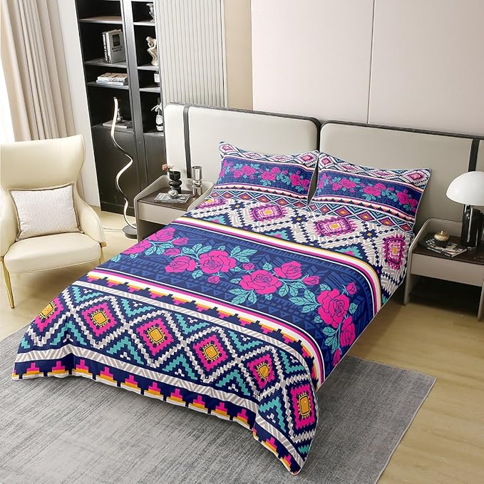 100% Cotton Roses Duvet Cover Twin Ethnic Bedding Set Boho Purple Floral Comforter Cover Geometric Tribal Country Flowers Aztec Bedroom Decor Romantic Geometric Bohemian Quilt Cover for Women Girls