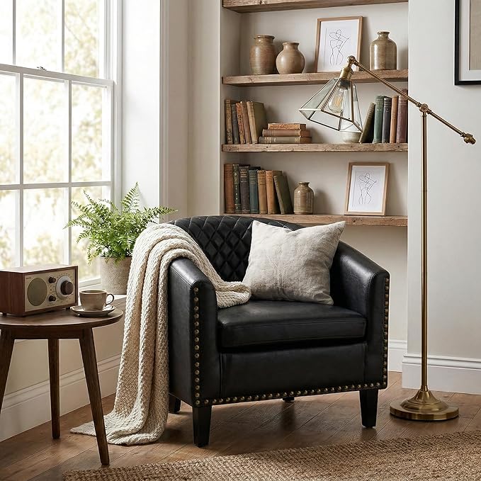 QQU Barrel Accent Chair, Retro PU Leather Club Chair with Nail-Heads, Upholstered Armchair for Living Room, Bedroom, Waiting, Office (Black)