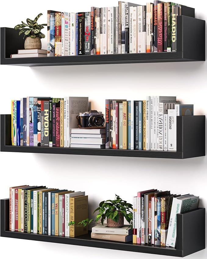 Wall Bookshelf, Set of 3, U Shaped Floating Bookshelf, Hanging Bookshelves for Wall, Wall Mounted Shelves for Living Room Bedroom Office (Black, 17 Inches, 3)