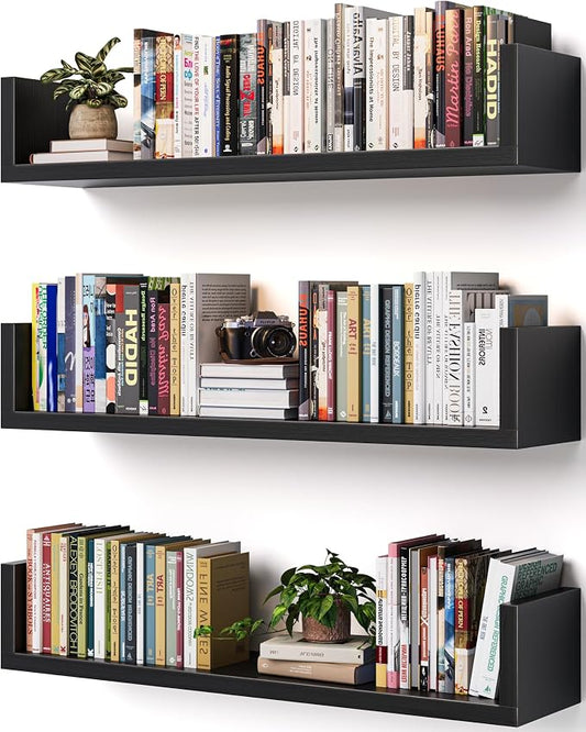 Wall Bookshelf, Set of 3, U Shaped Floating Bookshelf, Hanging Bookshelves for Wall, Wall Mounted Shelves for Living Room Bedroom Office (Black, 17 Inches, 3)