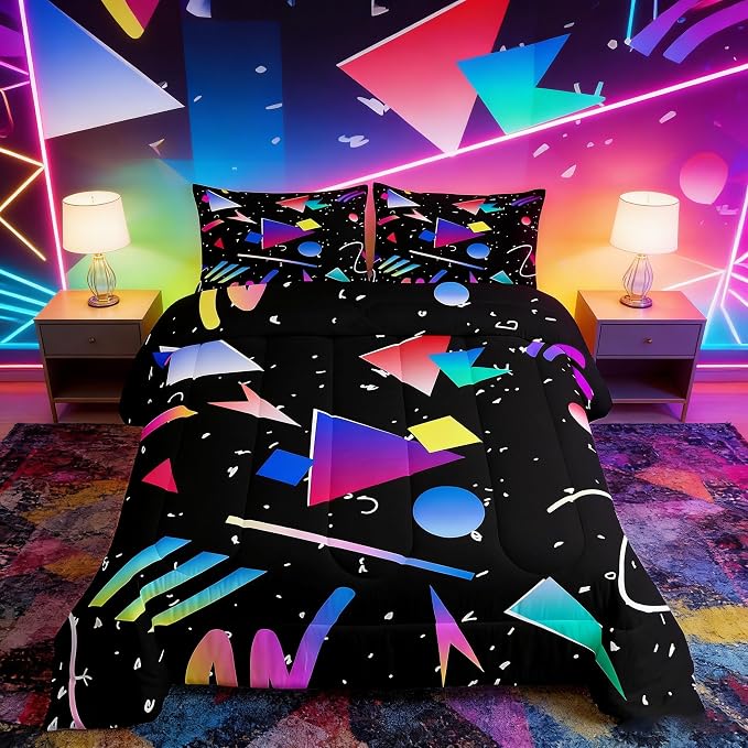 Manfei Memphis Comforter Set Queen Size, Colorful Geometric Abstract Bedding Set 3pcs for Kids Boys Girls, Retro 80s 90s Fashion Style Quilt Set Soft Polyester Duvet Set with 2 Pillowcases