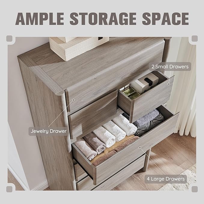 Modern 7 Drawers Dresser for Bedroom, 54.7" Tall Large Dresser & Chests of Drawers w/Rounded Corner, Wood Handleless Organizer Dresser w/Natural Texture for Bedroom, Living Room-Light Grey