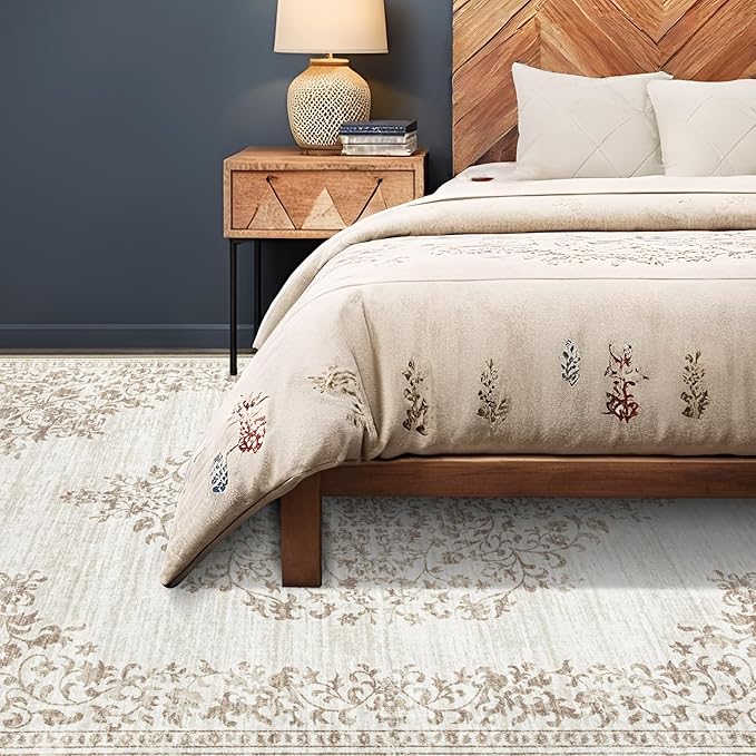 Area Rug 5x7 Vintage Rug: Washable Indoor Medallion Rugs Low Pile Distressed Floor Carpet Retro Accent Rug for Living Room Bedroom Kitchen Dining Table Home Office(Vintage Beige, 5'x7')