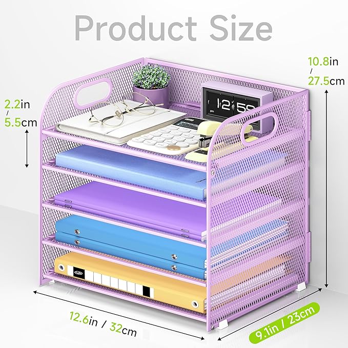 5 Tier Paper Organizer with Handle, Metal Mesh Desk Organizer File Folder Paper Letter Tray Desktop Document Sorter for Classroom, School, Office Accessories Organization and Storage - Purple