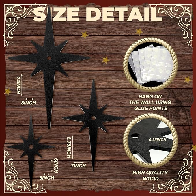 Yalikop 6 Pcs Mid Century Modern Starburst Wall Art Decor 8 Pointed Hangings Wooden Stars Whimsigoth Modern Retro Midcentury Wall Art for Home Bedroom Bathroom Office(Black)