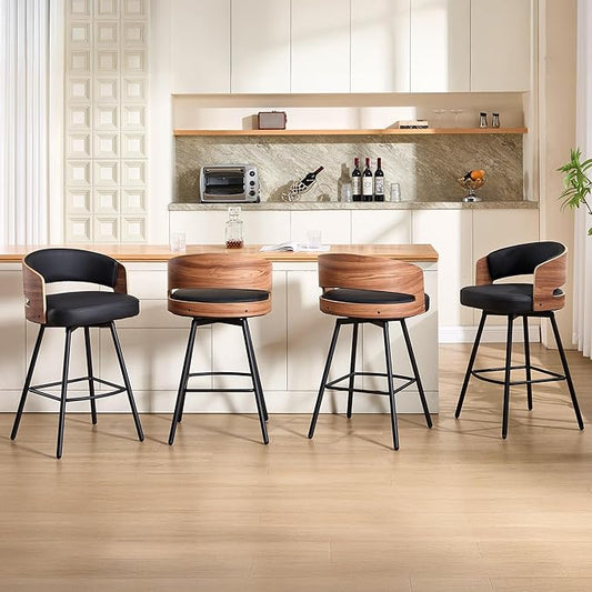 Swivel Bar Stools Set of 4, 26" Counter Height Bentwood Barstool, Upholstered Faux Leather Barstools with Walnut Back, Mid Century Modern Bar Chairs for Kitchen Island, Bar