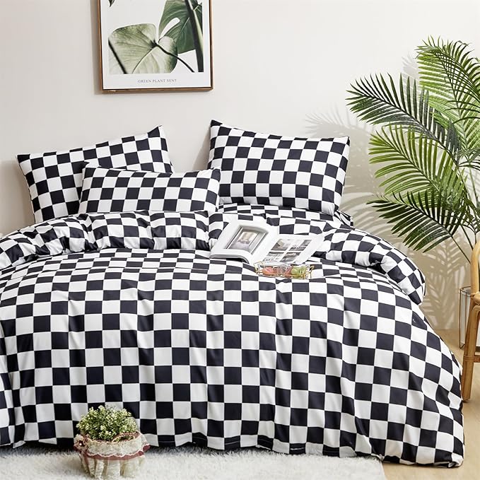 Pureant Black White Plaid Comforter Set Queen Size Black Checkerboard Grid Bedding Comforter Women Men Black and White Grid Quilts Soft Modern Black Buffalo Grid Comforter Boho Checkered Geomertic Bed