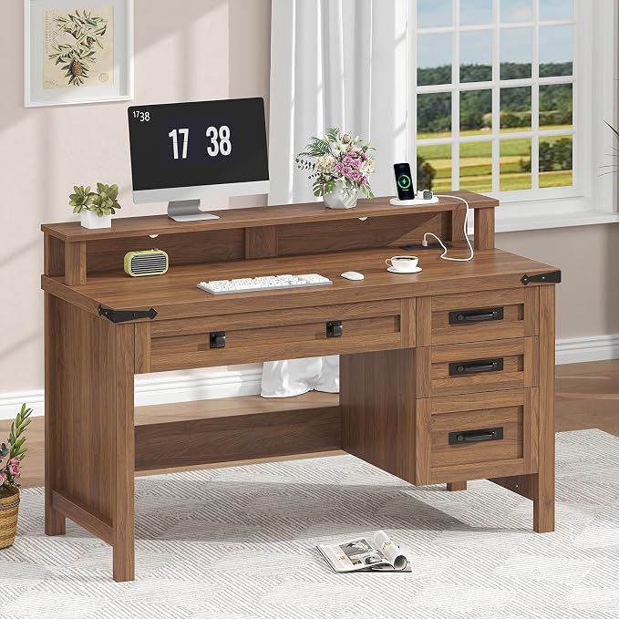 YOMILUVE Farmhouse Executive Desk with Drawers, 47" Computer Desk with Power Outlets, Home Office Desk with Monitor Stand & 4 Drawers, Small Desk Writing Study Table, Brown