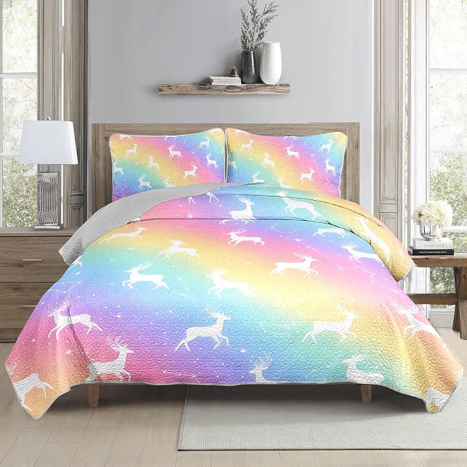 AILONEN Rainbow Galaxy Deer Twin Quilted Comforter Set 3 Piece, Celestial Stag Bedspread Coverlet with 2 Pillowcases, Magical Bedding for Girls Dorm