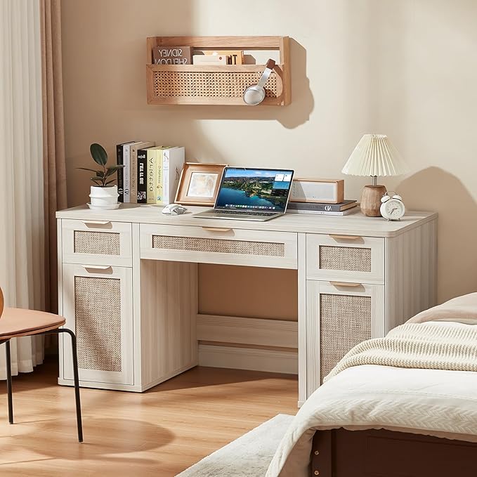 LEYAOYAO 56'' Rattan Farmhouse Executive Desk with Drawers, Wood Home Office Desk with File Cabinet and Metal Handles, Large Vintage Computer Desk for Home, Bedroom, Living Room （Grey）