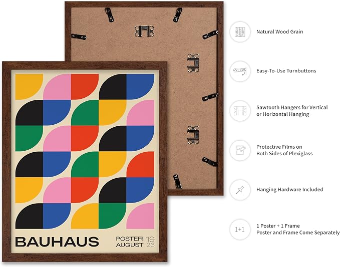Poster Master Bauhaus Poster - Rainbow Knots Print - Abstract Art - Graphic Design Art - Geometric Art - Chic Boho Art - Mid Century Modern Art - Living Room or Bedroom Decor - 11x14 Brown Framed