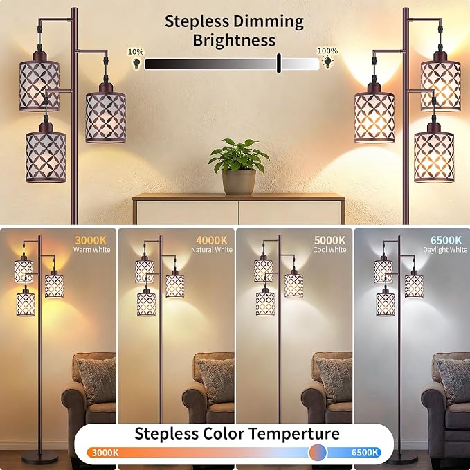 Dimmable Floor Lamp, Farmhouse Standing Lamp with Elegant Metal Cage, Industrial Tall Tree Floor Lamps for Living Room, Bedroom, Study Room, Office, 3 x 800LM LED Bulbs Included, 72", Brown