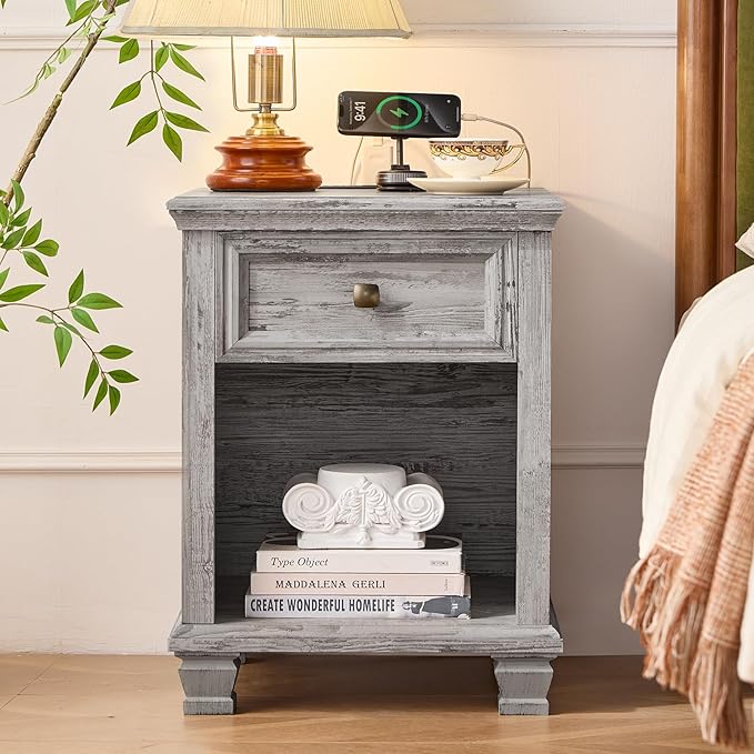Farmhouse End Tables Living Room with Drawer, Rustic Wood Nightstand with Charging Station, Bedside Table with Open Shelf for Bed Room, Living Room, Grey