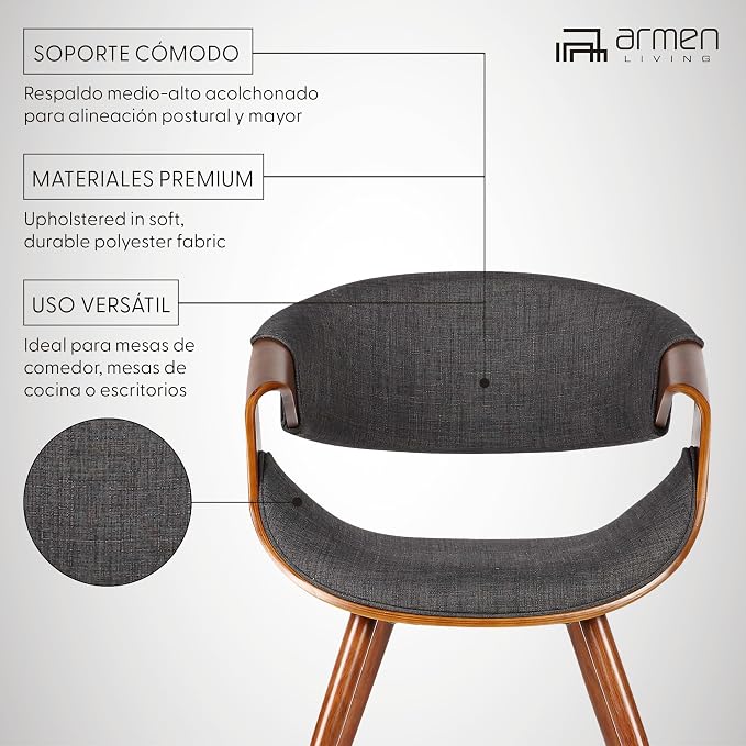 Armen Living Butterfly Mid-Century Dining Chair in Walnut Finish and Charcoal Fabric - Set of 4