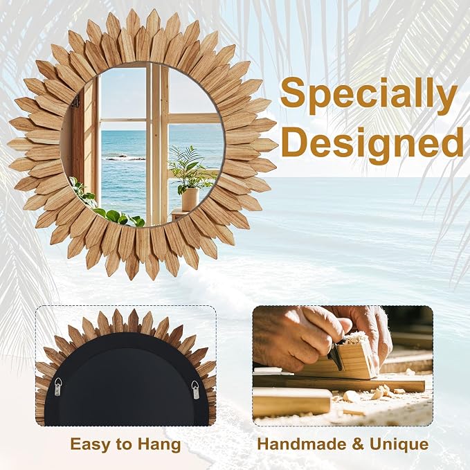 28 Inch Brown Boho Wall Decor Sunburst Mirror - Round Wooden Wall Decor, Handmade Rustic Circular Mirror for Living Room, Bedroom, Entryway, Office