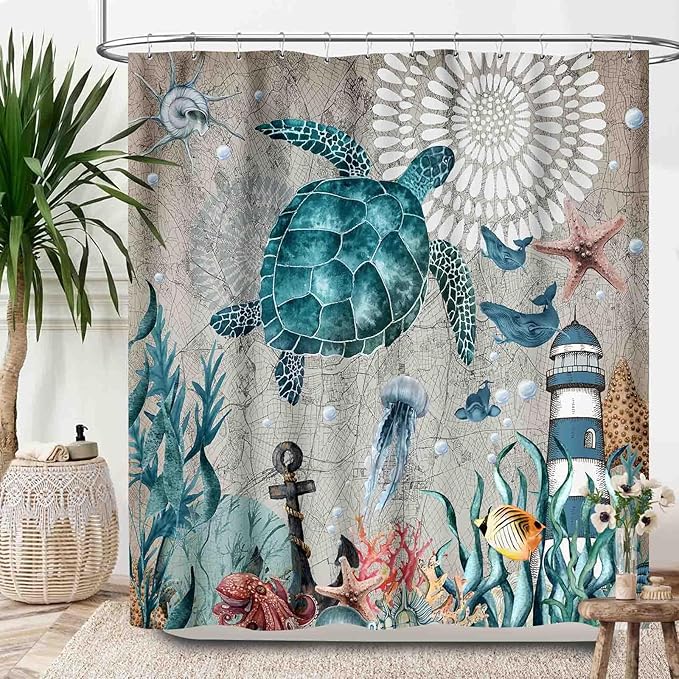 Sea Turtle Shower Curtain,Coastal Nautical Beach Teal Turtles Starfish Coral Reef Nautical Map Undersea Animal Polyester Fabric Bathroom Decor Set with Hooks,72x78Inch