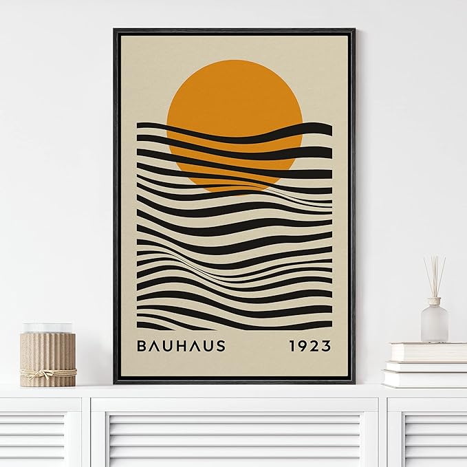 MUDECOR Framed Canvas Print Wall Art Mid-Century Bauhaus Geometric Sun Waves Shapes Abstract Illustrations Modern Art Minimal Multicolor Relax/Calm for Living Room, Bedroom, Office - 16"x24" Black