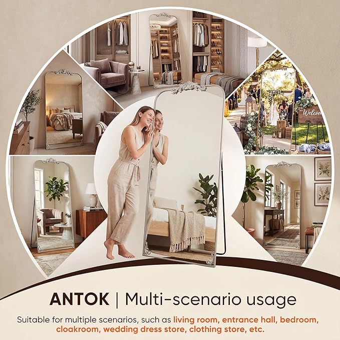 Antok Arched Full Length Mirror, 32"x71" Floor Mirror with Carved, Full Body Mirrors for HomeDecor, Large Wall Mirror with Corner Flower for Bedroom, Living Room, Silver, Luxury Style