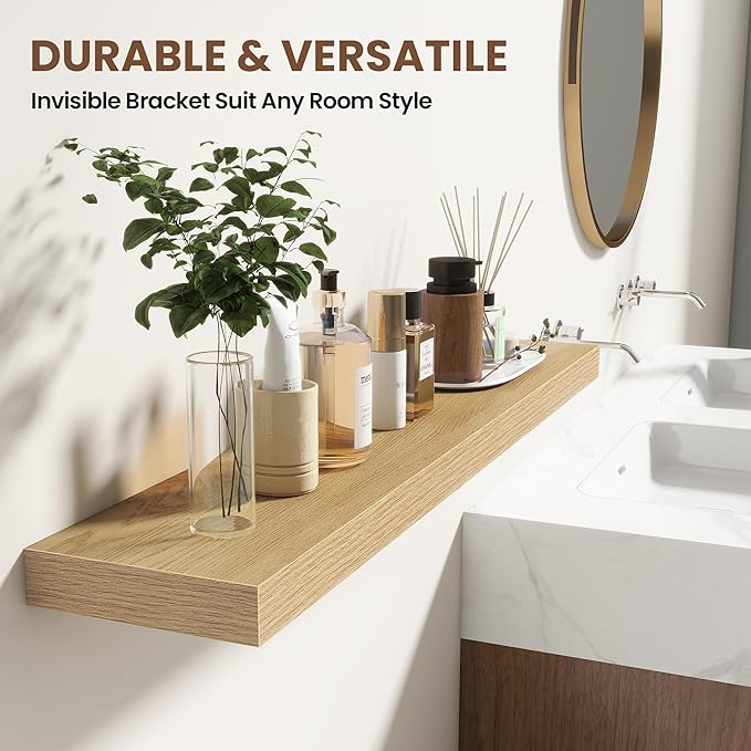 16 Inch Floating Shelves for Wall 2 Pack, 16" Wall Shelves for Books, Storage, Decor, Wall Mounted Floating Shelf with Invisible Brackets for Kitchen, Living Room, Oak