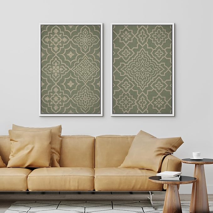 IDEA4WALL Framed Canvas Print Wall Art Set Moroccan Tile Pattern Green and Beige Geometric Illustrations Modern Art Decorative Bohemian Calm/Zen for Living Room, Bedroom, Office - 24"x36"x2 White