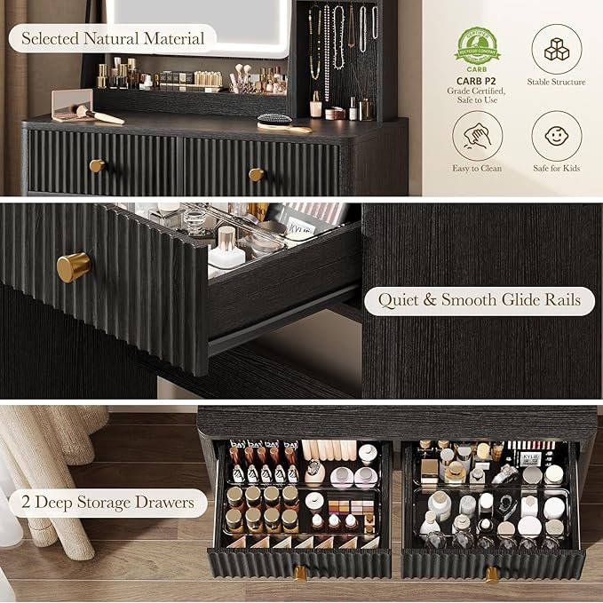 Fluted Vanity Desk with Mirror and Lights, Small Makeup Vanity with 2 Drawers and Jewelry Storage Cabinet, 3 Lighting Modes Adjustable Brightness, Dressing Table for Bedroom - Black