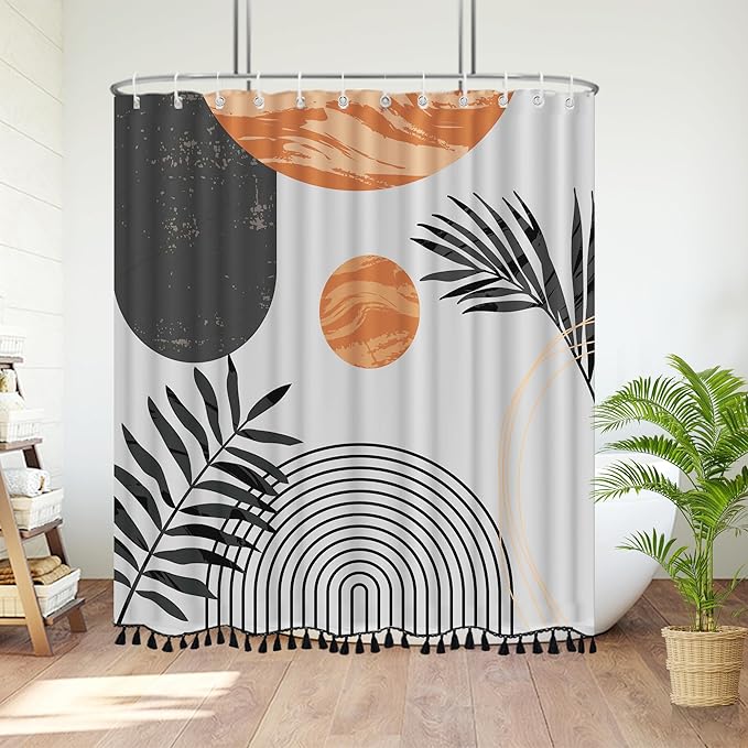 Boho Mid Century Leaf Shower Curtain Set,Arch Sun Design,Minimalistic Leaves Pattern,Waterproof and Luxurious Fabric-12 Hooks(Grey-72" x 84")