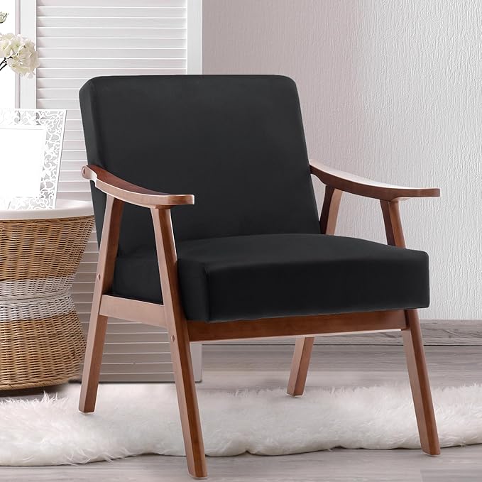 Furnimart Black Velvet Accent Chairs Set of 2, Mid Century Modern Chair Reading Chairs with Extra-Thick Backrest, Wooden Armchairs for Living Room, Bedroom, Waiting Room