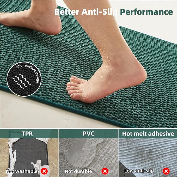 Bathroom Runner Rug, Long Bath Mat Washable Thin Quick Dry Low Pile Bathroom Runner Rugs 24 x 60 Non Slip, Dark Green 24"x60"