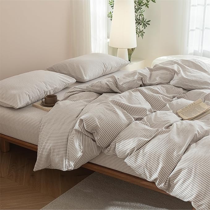 JIYUAN 100% Washed Cotton Striped Duvet Cover Set 3 Pieces Queen, 1 Duvet Cover and 2 Pillowcases(Comforter Not Included),Linen Like Bedding Set Comfy and Breathable,Pinstripes-Heathered Taupe White